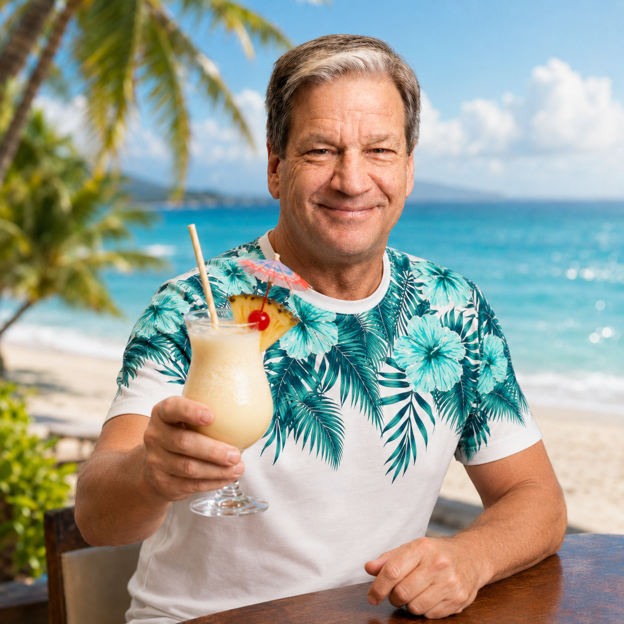 Jim Slavik smiling on a tropical beach holding a piña colada